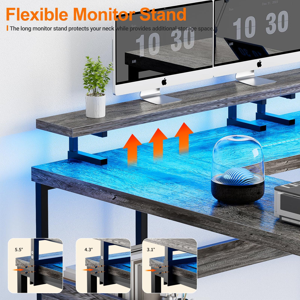Black Oak U-Shaped Computer Desk with Power Outlets and LED Lights Q4863
