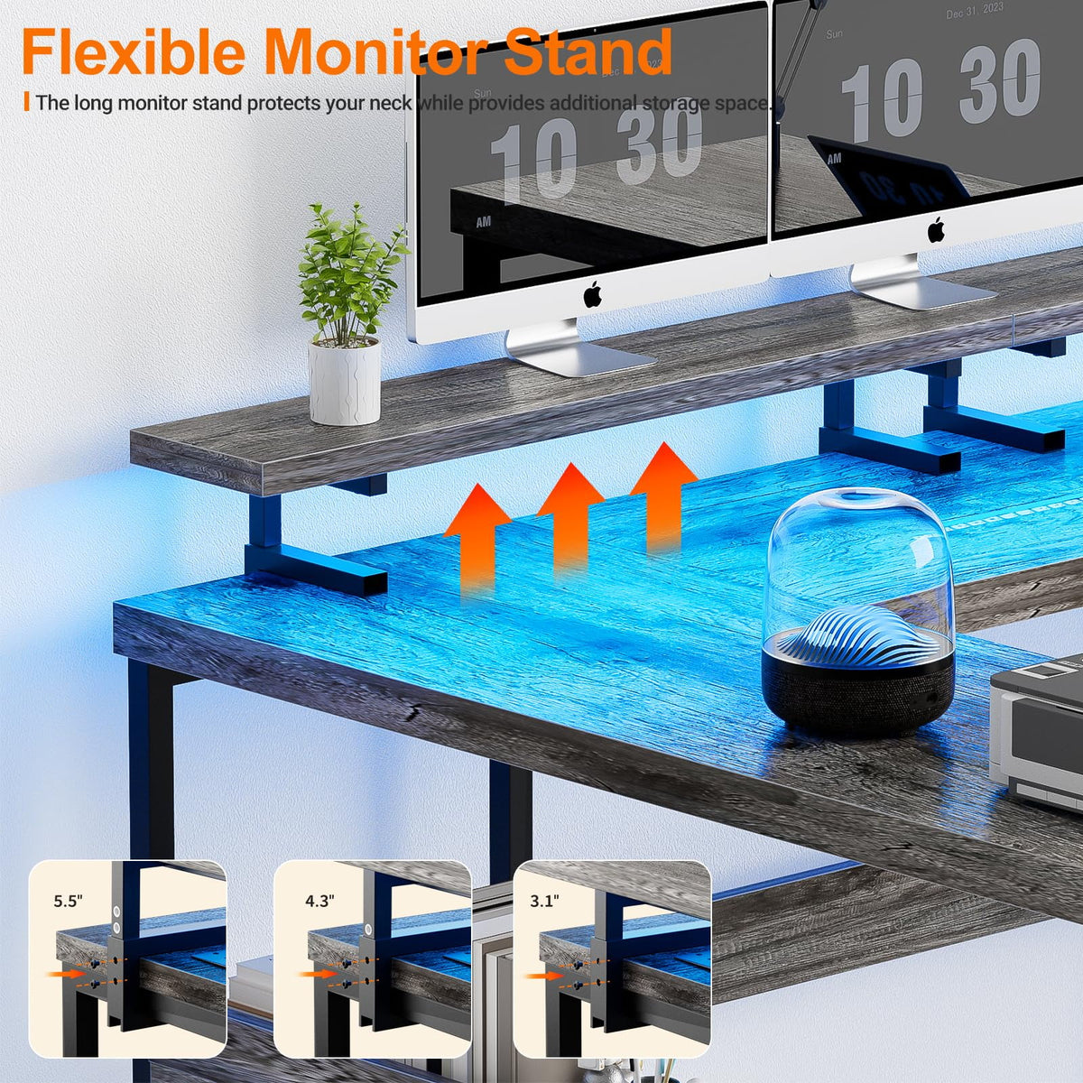 Black Oak U-Shaped Computer Desk with Power Outlets and LED Lights Q4863