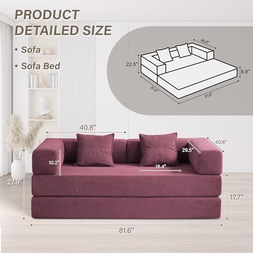 Foldable Sofa Bed, 81'' Folding Floor Couch, Compressed Convertable Sleeper Sofa, Memory Foam Couch with Pillow Back Support Armrest, 4-in-1 Futon Sofa Bed for Living Room, Black L6313