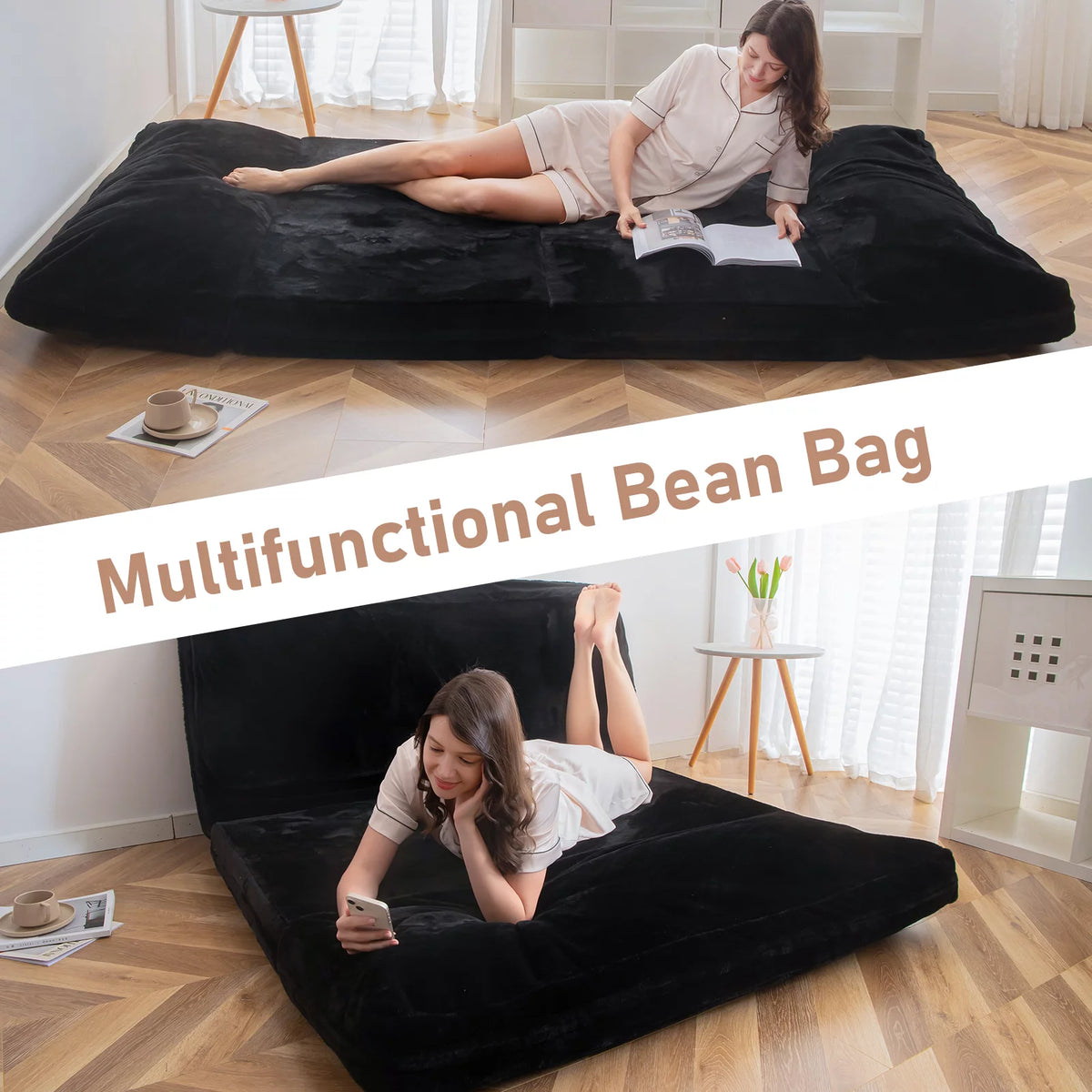Black 30x95 Inch Convertible Bean Bag Sofa Bed X43022