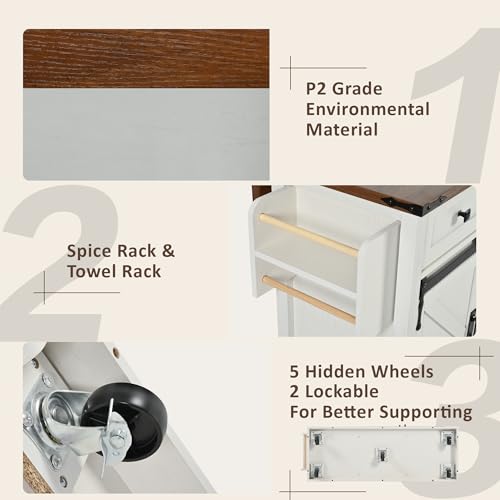 Retro White Kitchen Island on Wheels with Drop Leaf P782722