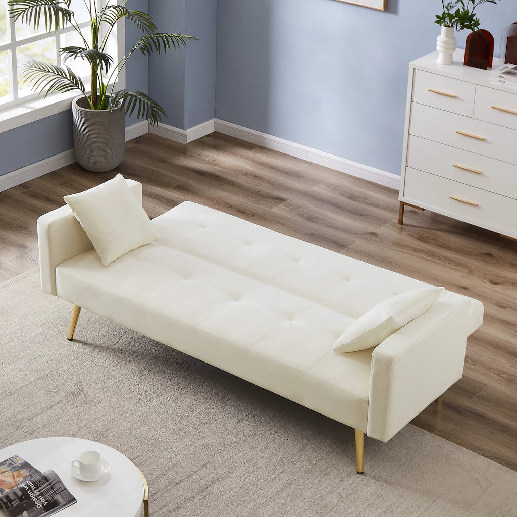Cream White Velvet Convertible Futon Sofa Bed I3642