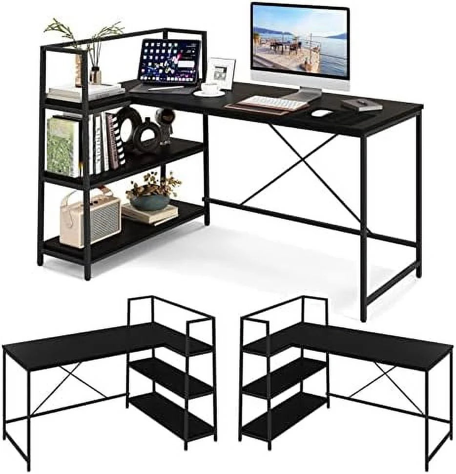 Reversible L-Shaped Corner Desk with 3-Tier Shelves I611602
