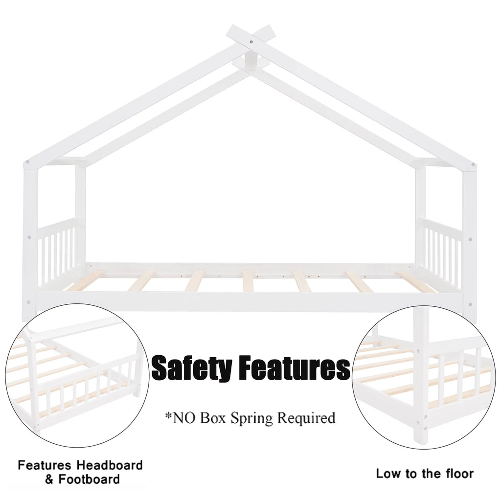 White Twin Size Wood House Bed with Headboard and Footboard Y649351