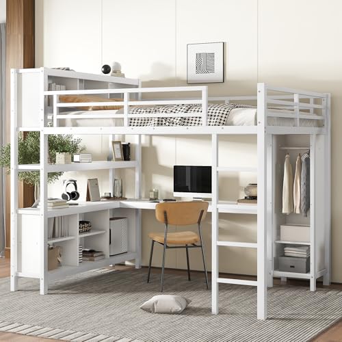 Queen Size Metal Loft Bed with Wardrobe and L-Shaped Desk H5173