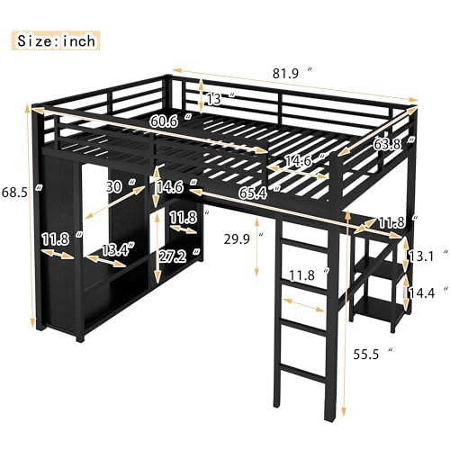 Queen Size Metal Loft Bed with Wardrobe and L-Shaped Desk H5173