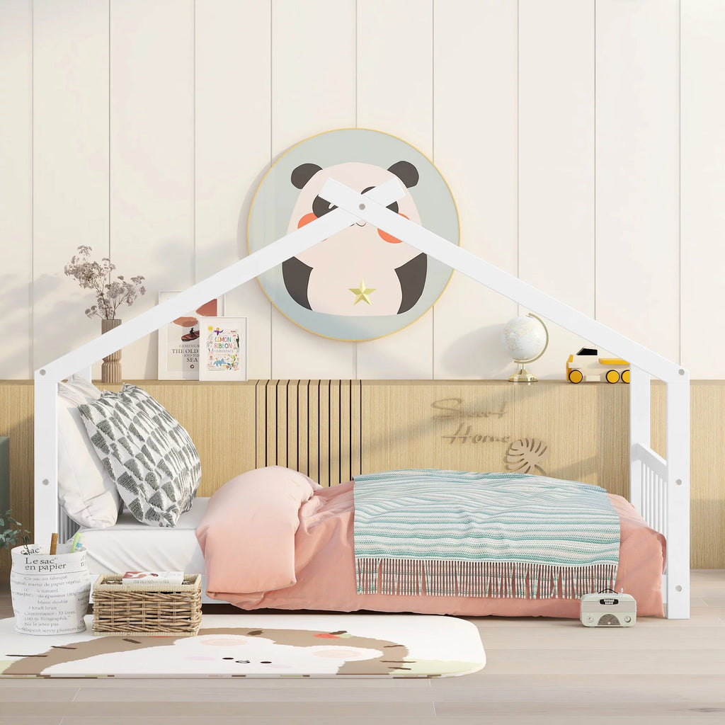 White Twin Size Wood House Bed with Headboard and Footboard Y649351