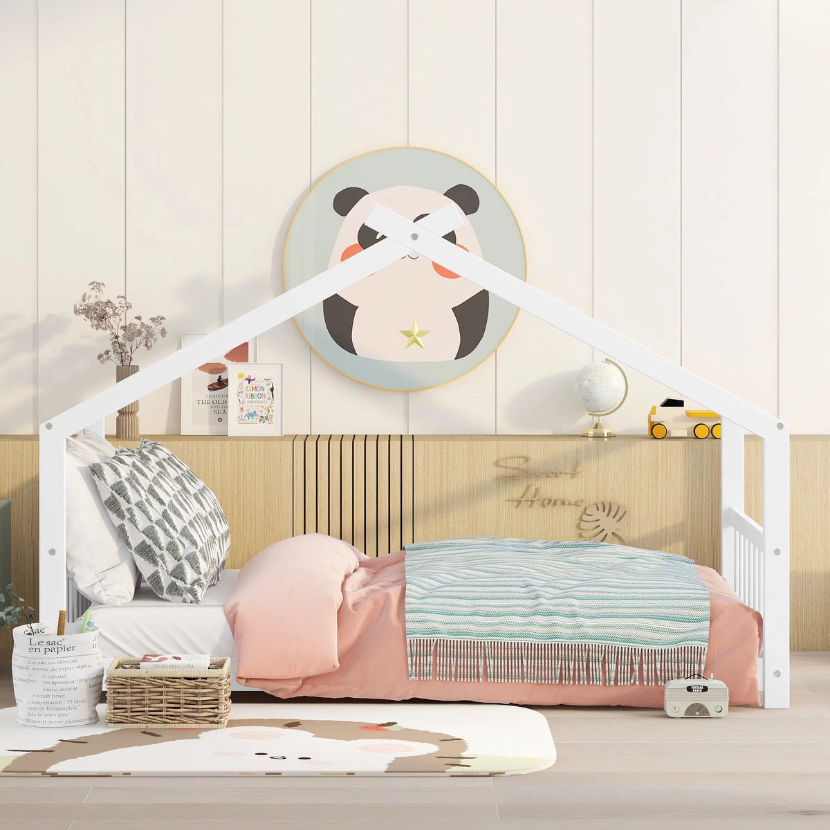 White Twin Size Wood House Bed with Headboard and Footboard Y649351