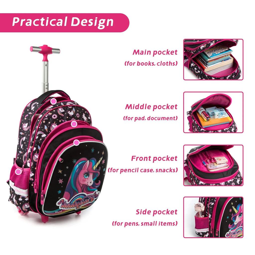 Black 3Pcs Rolling Backpack Set with Lunch Bag and Pencil Case R23710