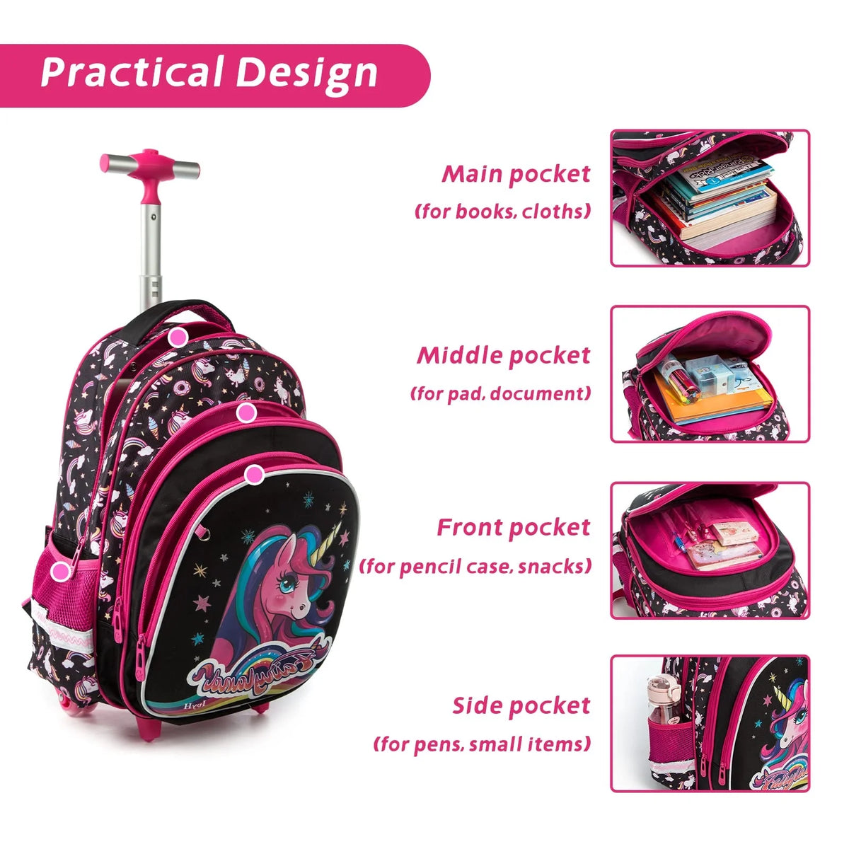 Black 3Pcs Rolling Backpack Set with Lunch Bag and Pencil Case R23710