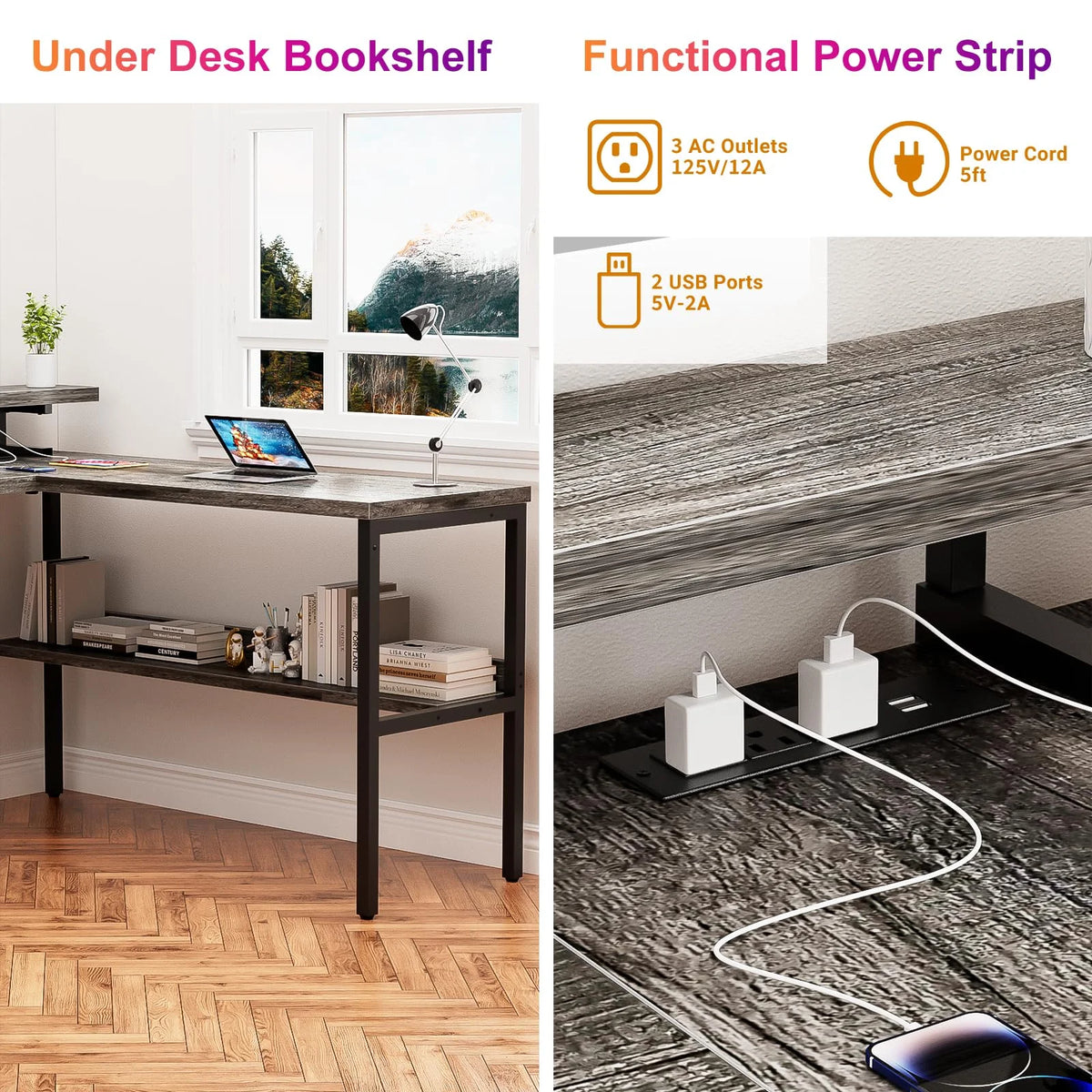 Black Oak U-Shaped Computer Desk with Power Outlets and LED Lights Q4863
