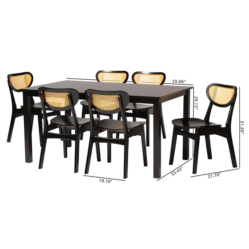 Dark Brown Wood and Woven Rattan 7-Piece Dining Set N415790