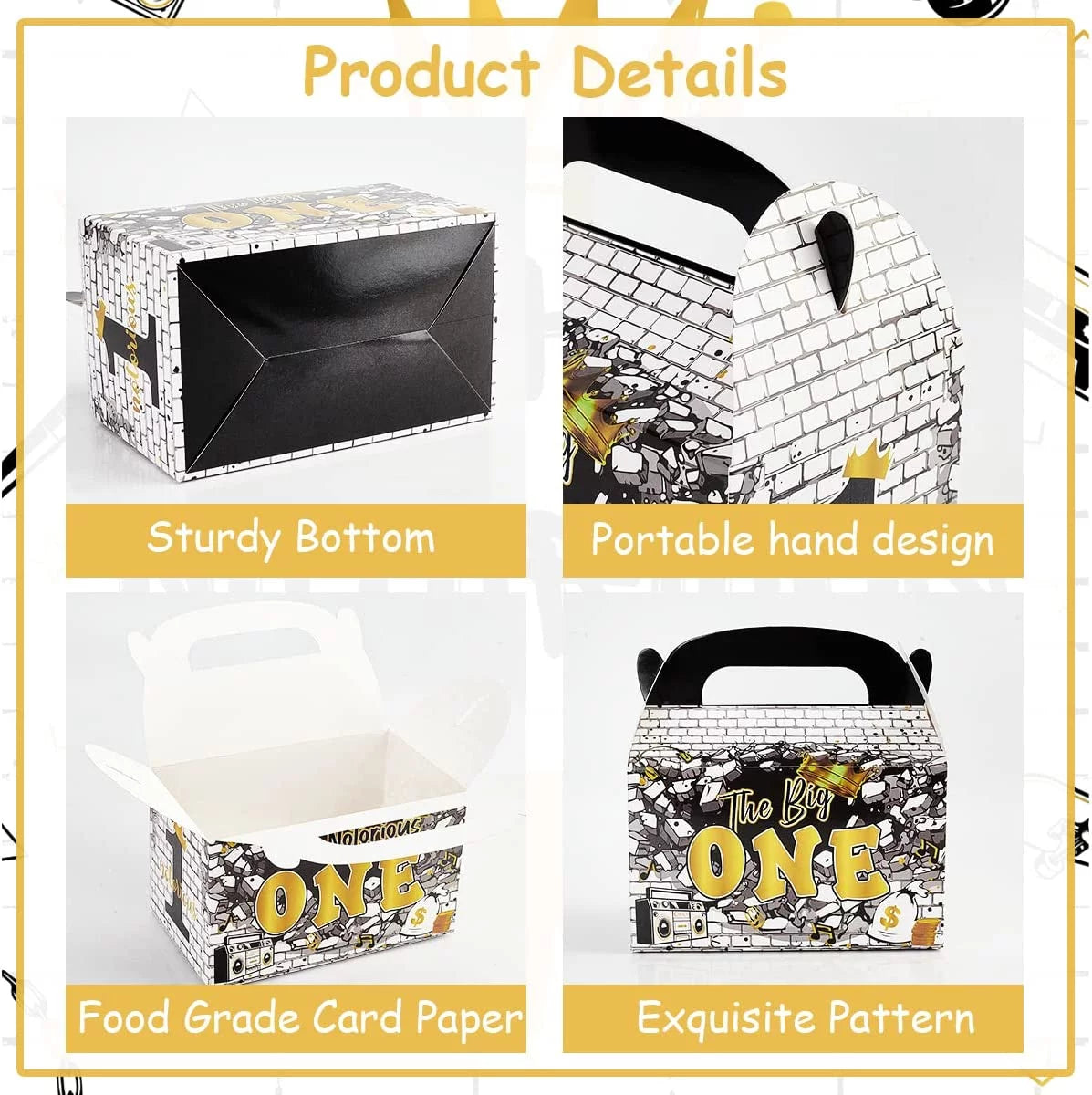 Black Gold 1st Birthday Treat Boxes with Handle X12522