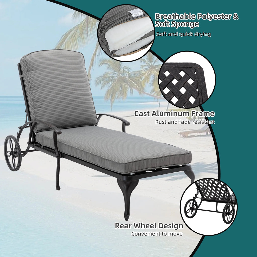 Outdoor Chaise Lounge Chair Cast Aluminum with Wheels and Adjustable Reclining R763472