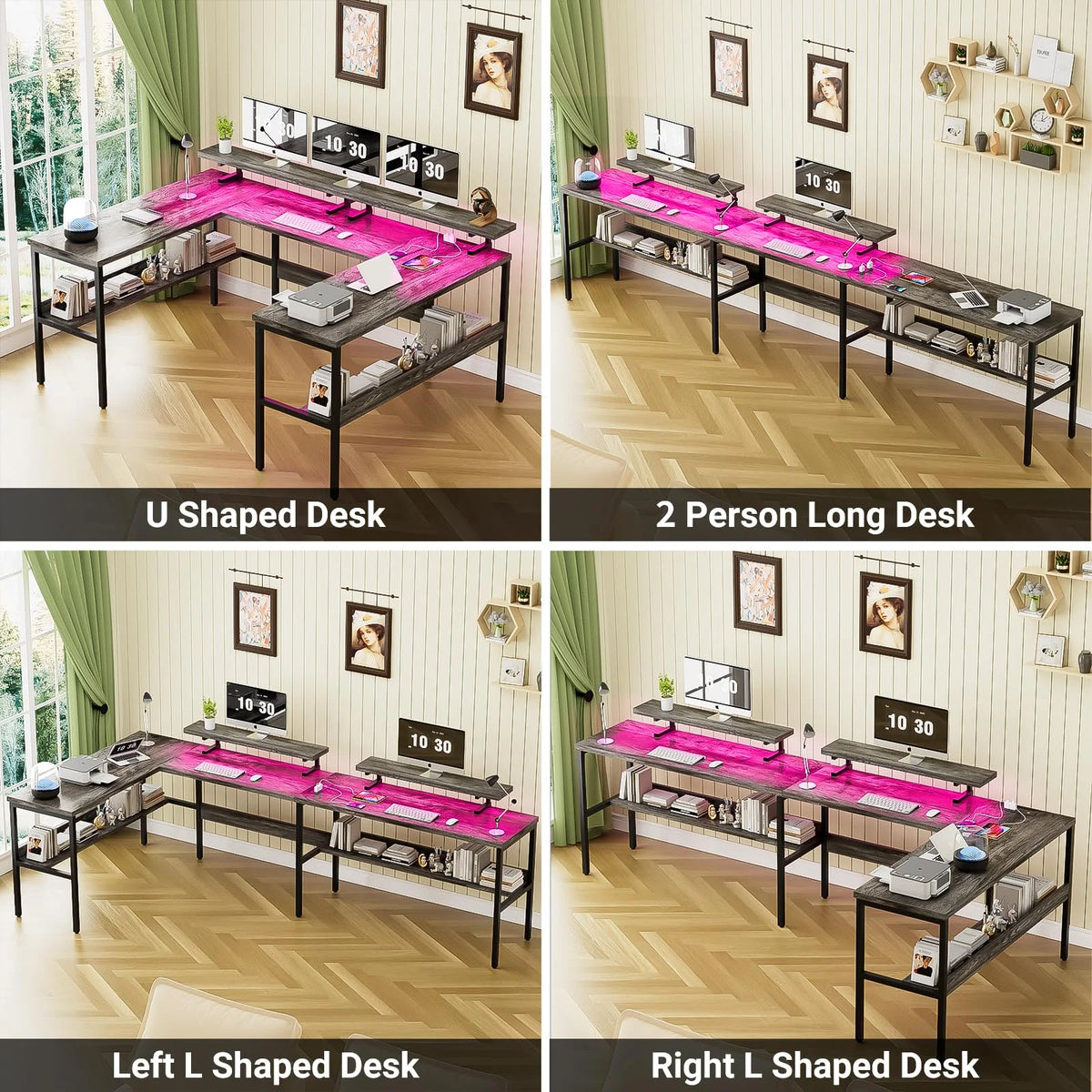 Black Oak U-Shaped Computer Desk with Power Outlets and LED Lights Q4863