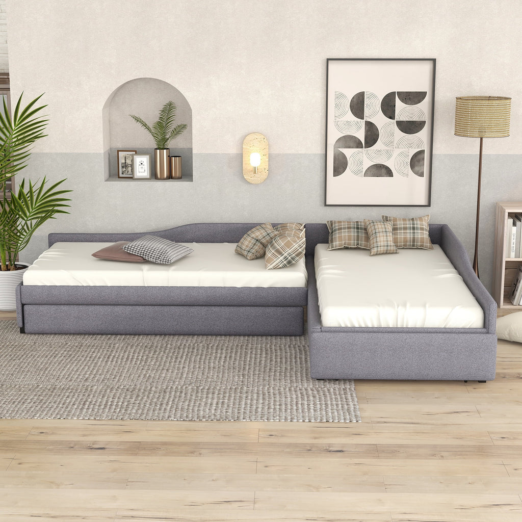 Gray Upholstered Double Twin Size Daybed with Trundle and Drawer K258842