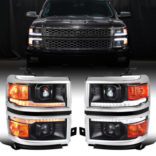 2014-2015 Chevy Silverado 1500 Black Chrome Trim Headlights Assembly Pair V8671