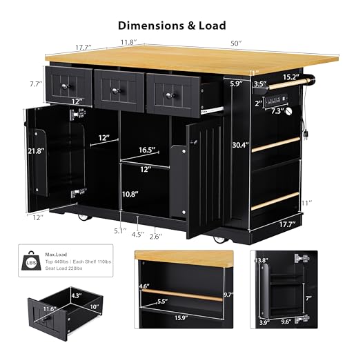 53" Kitchen Cart Island on Wheels with Power Outlet A159