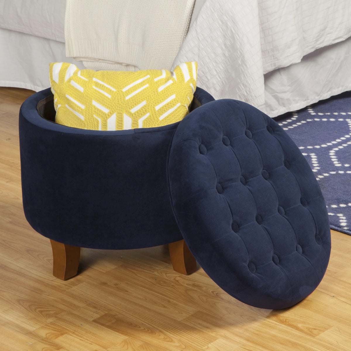 Dark Blue and Brown Tufted Velvet Storage Ottoman O285571