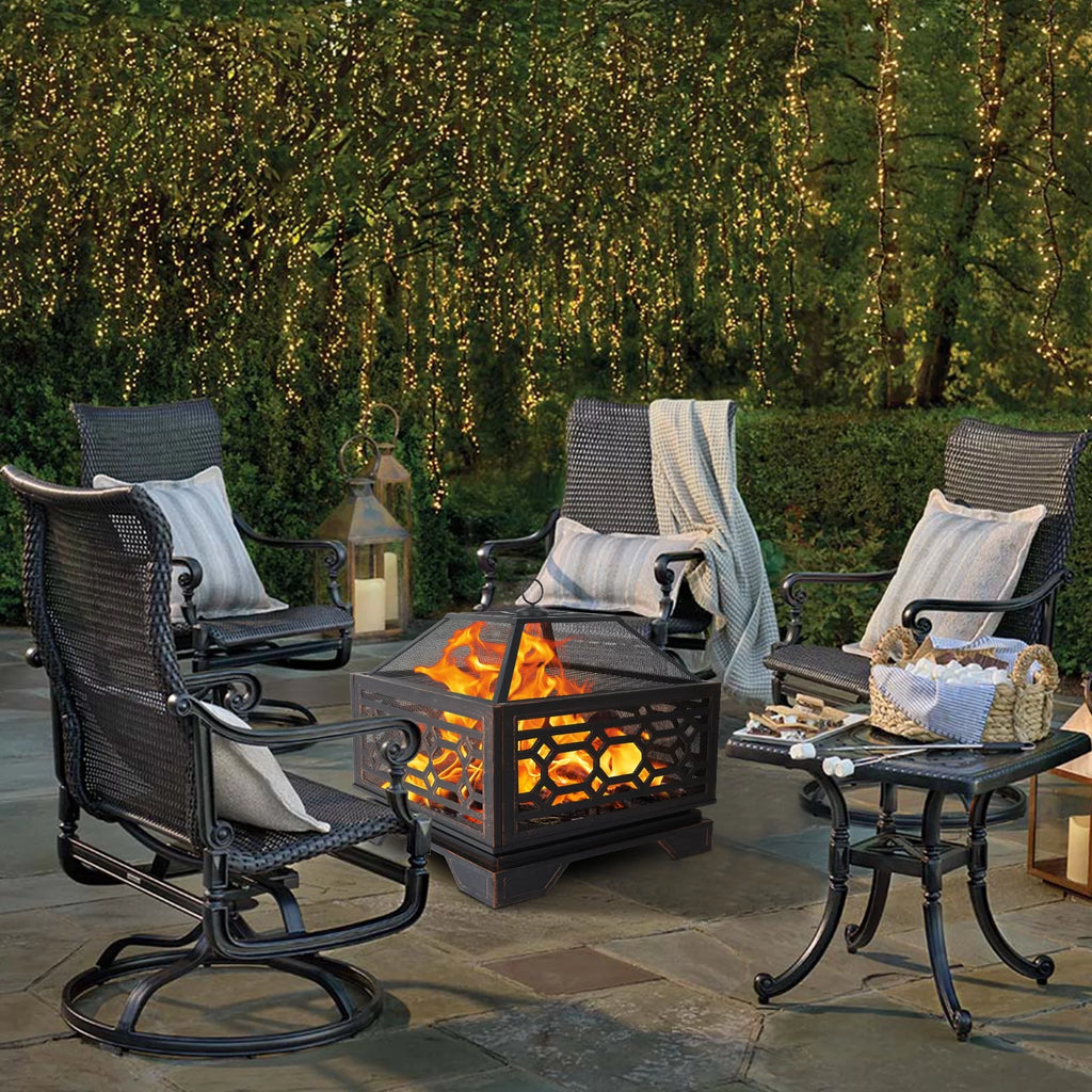 26 Inch Square Wood Burning Fire Pit with Cooking Grate V81473