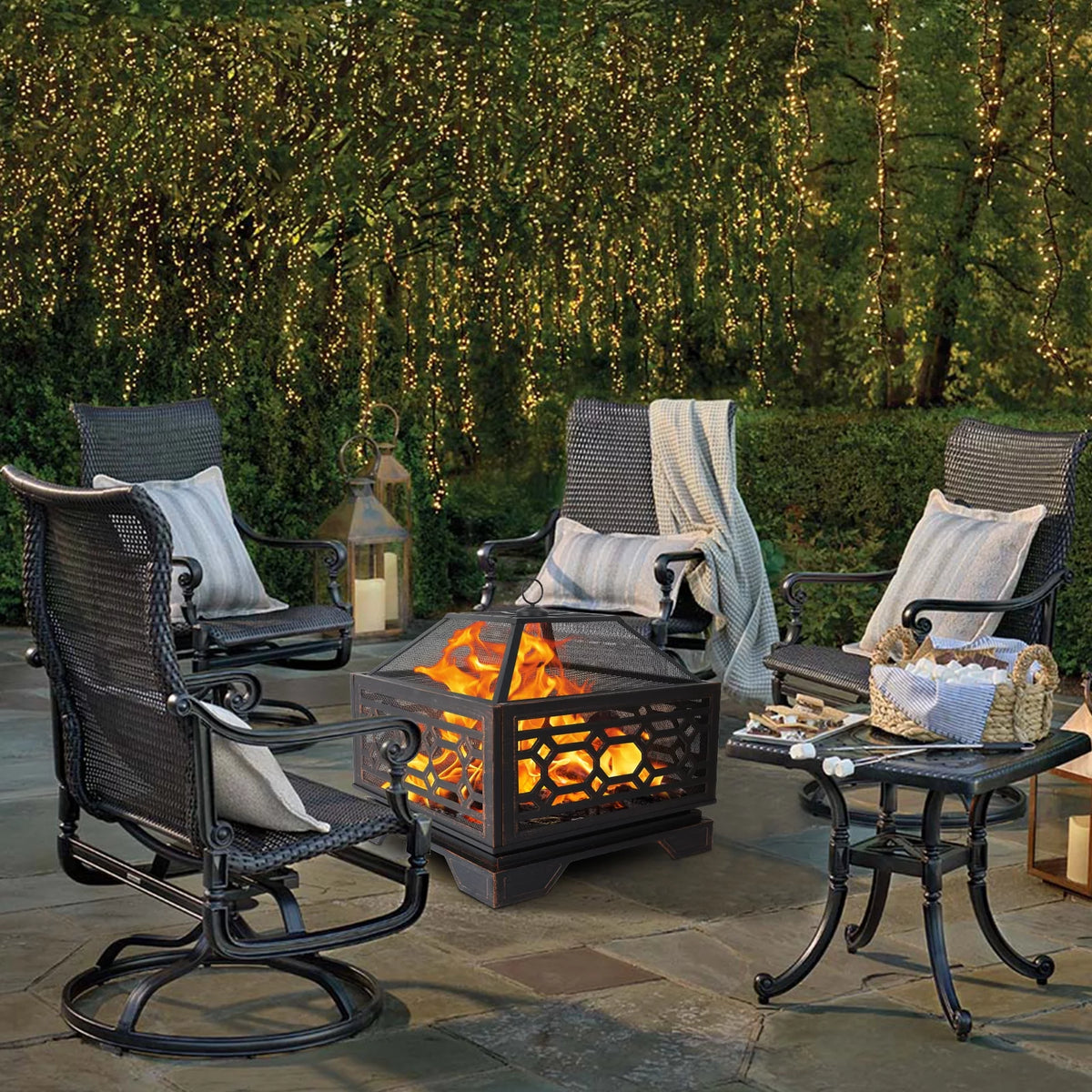 26 Inch Square Wood Burning Fire Pit with Cooking Grate V81473