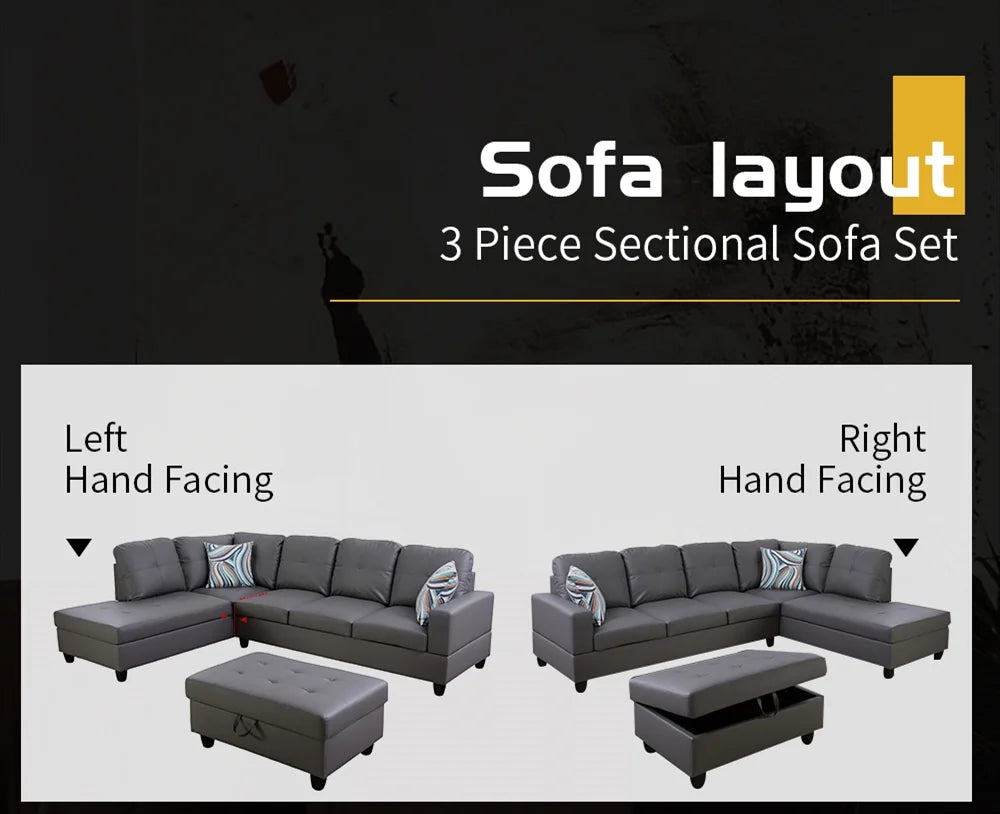 Dark Grey Faux Leather Sectional with Ottoman C396007