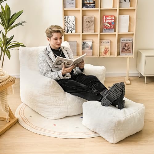 Sherpa Faux Fur Memory Foam Bean Bag Chair and Ottoman Set O79725