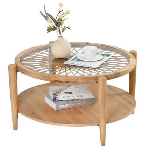 2-Tier Round Rattan Coffee Table with Tempered Glass Top and Wood Legs Y5215