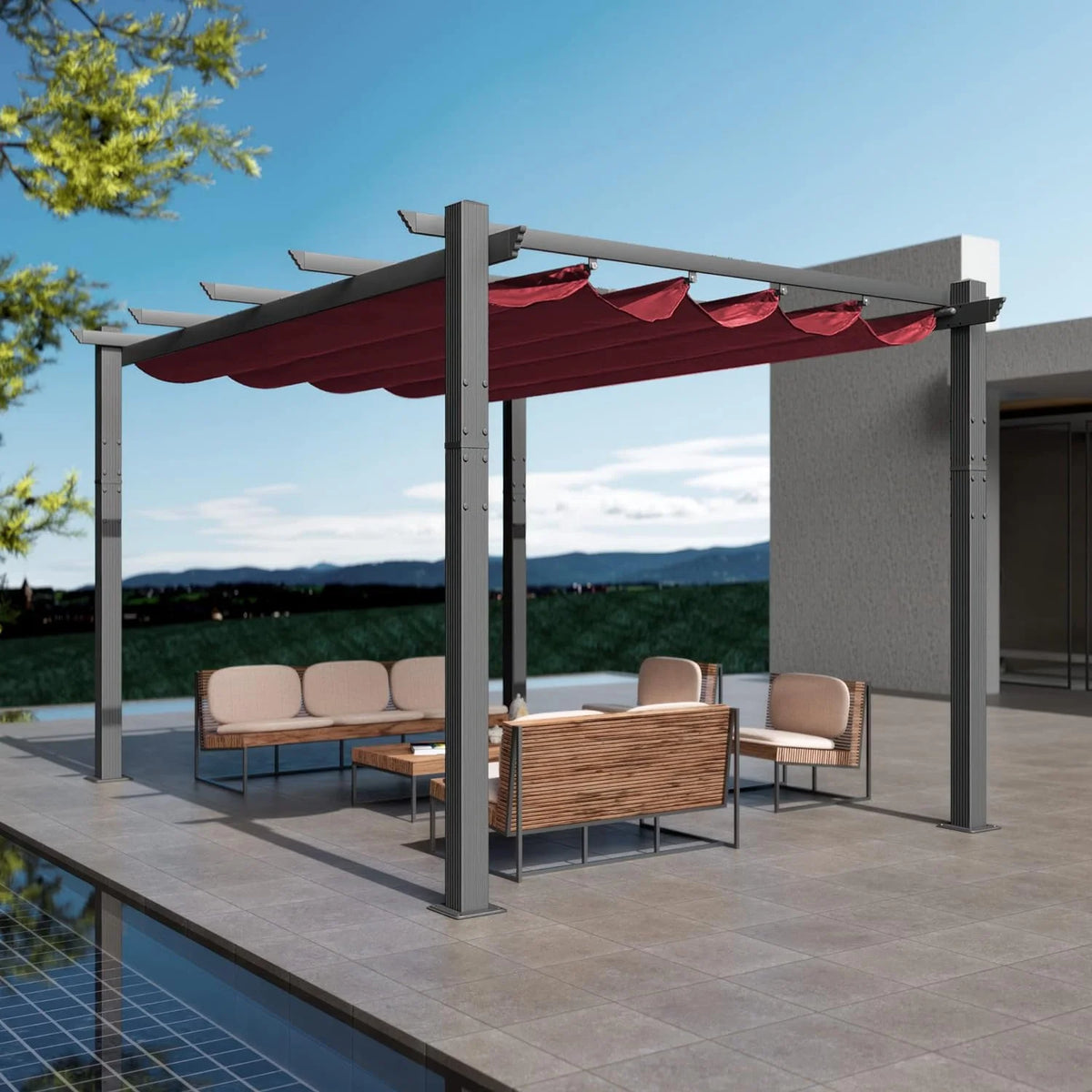 Extra-Large Gray Aluminum Frame Pergola with Sunshade Canopy 10' x 13' Burgundy J74822