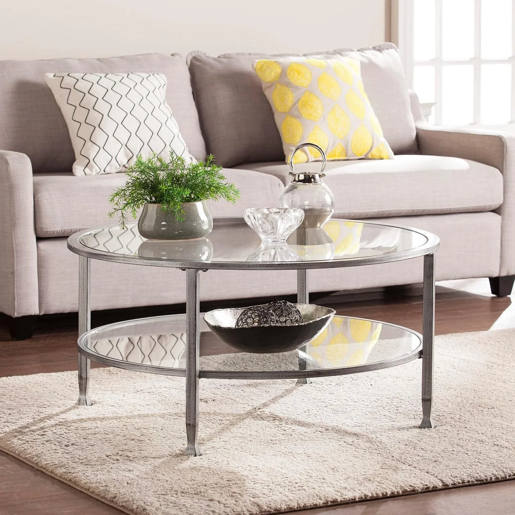 Metal & Glass Round 2-Tier Coffee Table T47153