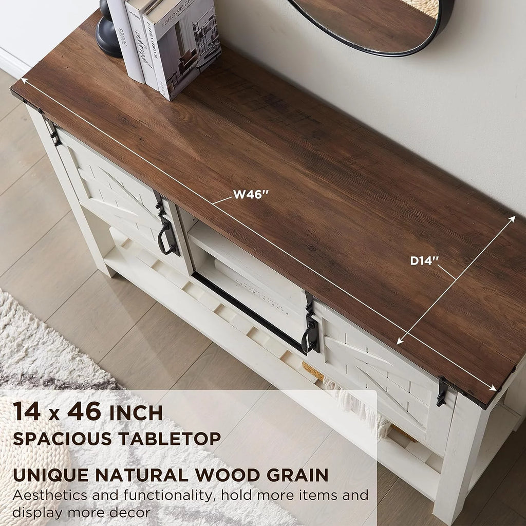 Antique White Wood Metal Entryway Table with Sliding Barn Doors Q80455