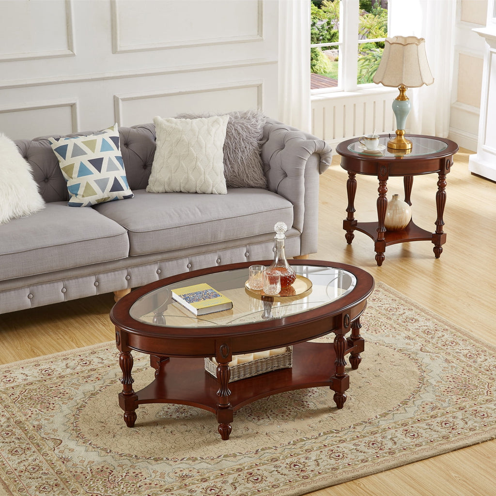Oval Glass 2-Tier Solid Wood Coffee Table with Storage Shelf D5990