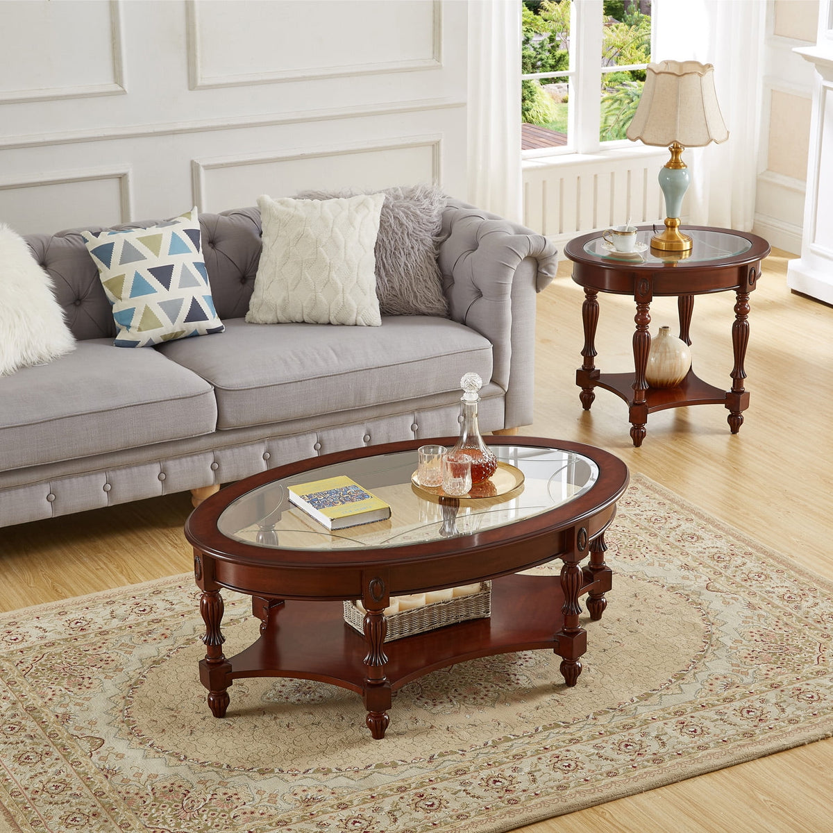 Oval Glass 2-Tier Solid Wood Coffee Table with Storage Shelf D5990