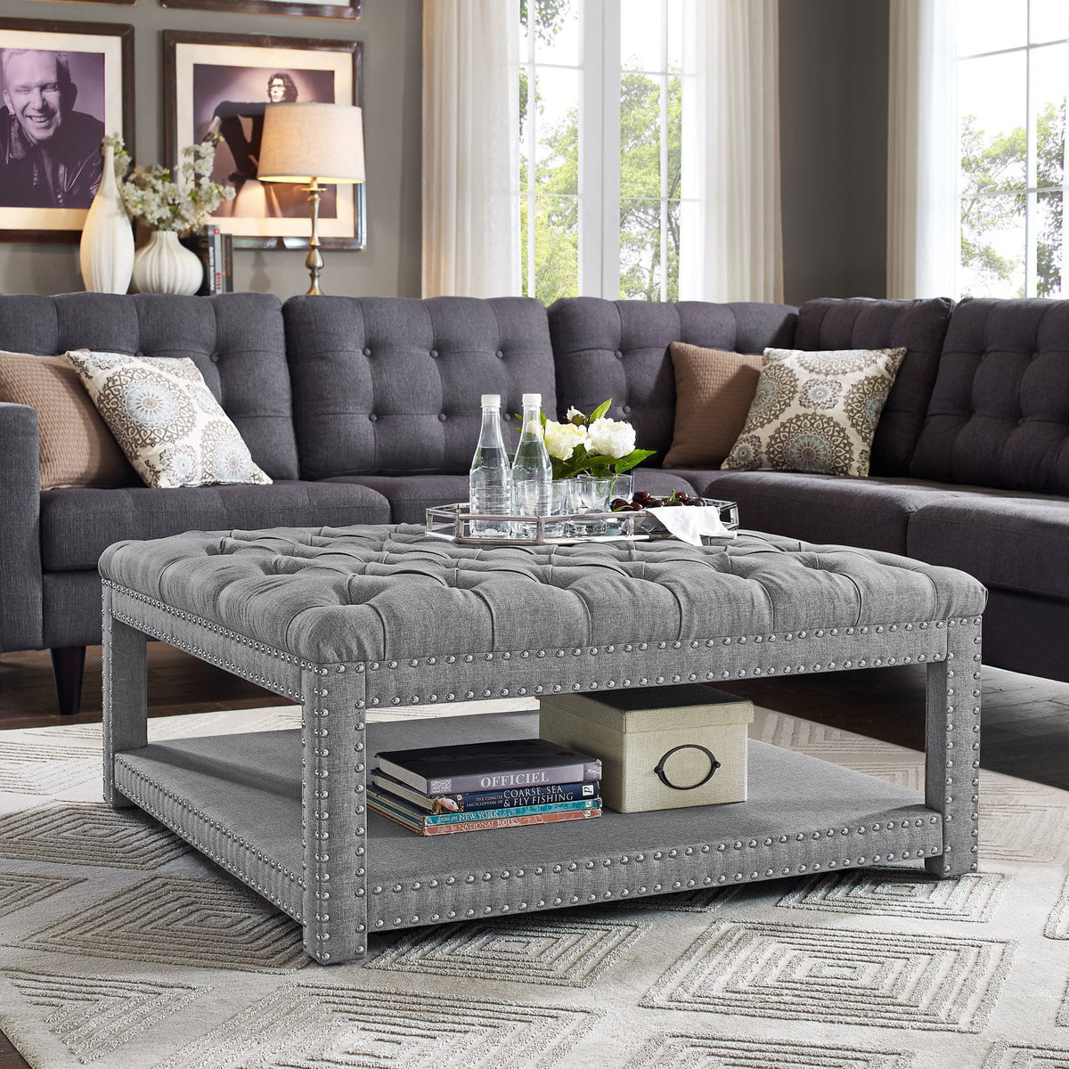 Modern Nailhead Tufted Cocktail Ottoman U6487