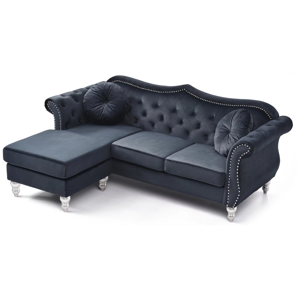 Black Velvet Chesterfield Sectional Sofa with 2-Throw Pillow P22634