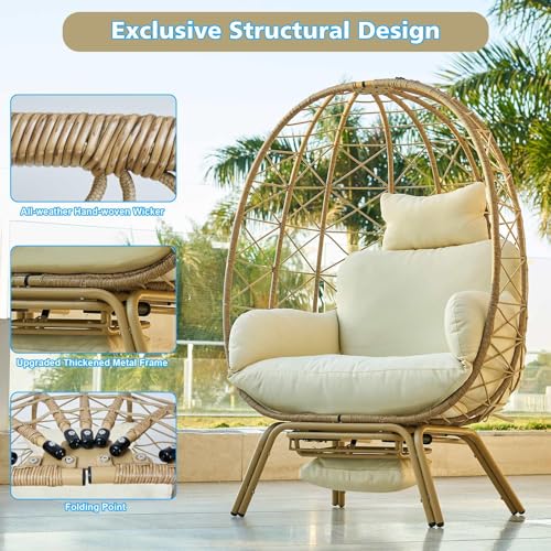 Oversized Beige Wicker Egg Chair with Cushion & Footrest N8200