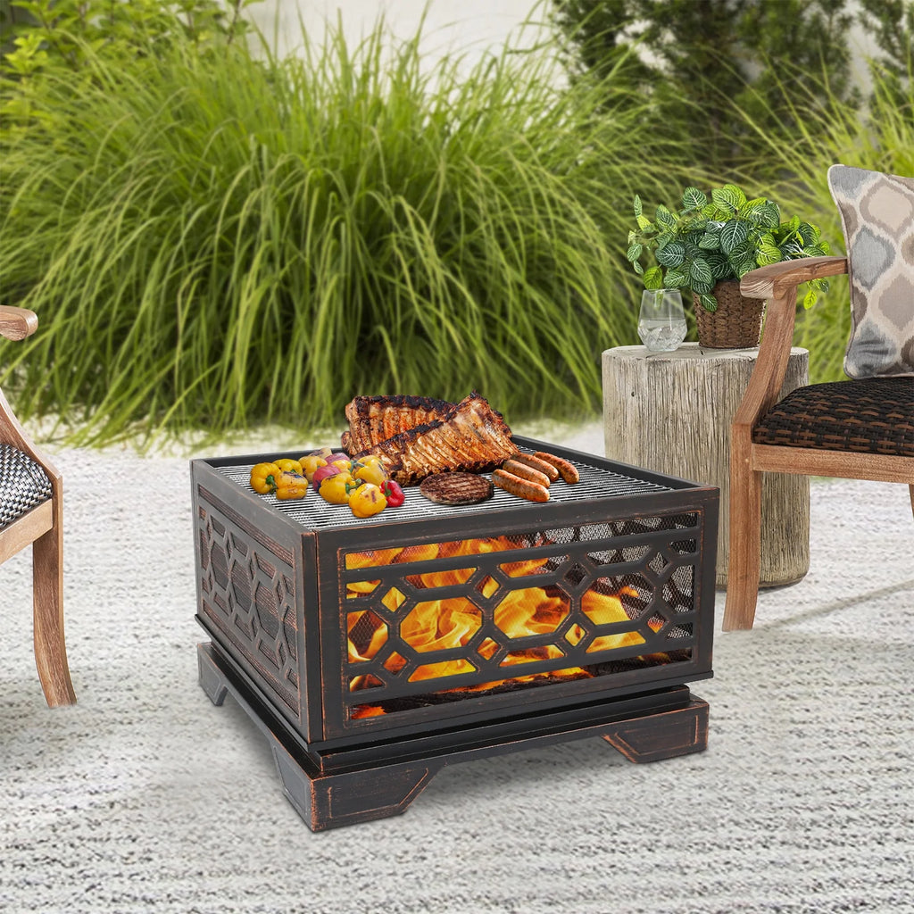 26 Inch Square Wood Burning Fire Pit with Cooking Grate V81473