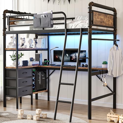 Twin Size Heavy Duty Metal Loft Bed with L-Shaped Desk, LED Lights, Charging Station, 3 Storage Shelves and 3 Fabric Drawers, Safety Guard & Ladder N486326