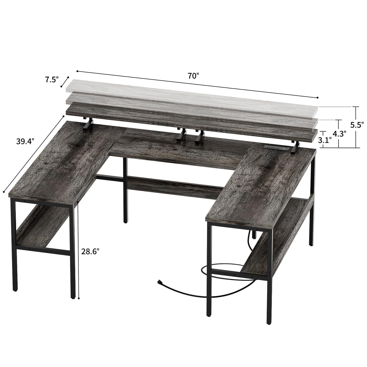 Black Oak U-Shaped Computer Desk with Power Outlets and LED Lights Q4863