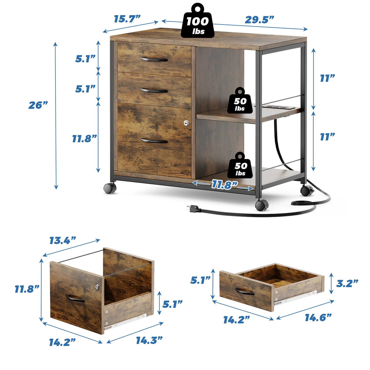 Brown 3 Drawer Wood File Cabinet with USB Charging Ports B742