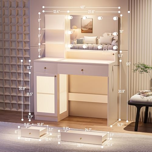 40" White Vanity Desk with Mirror and Lights P94503