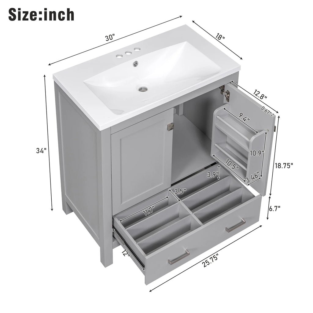 30" Solid Wood Bathroom Vanity Cabinet with Top Basin C22041