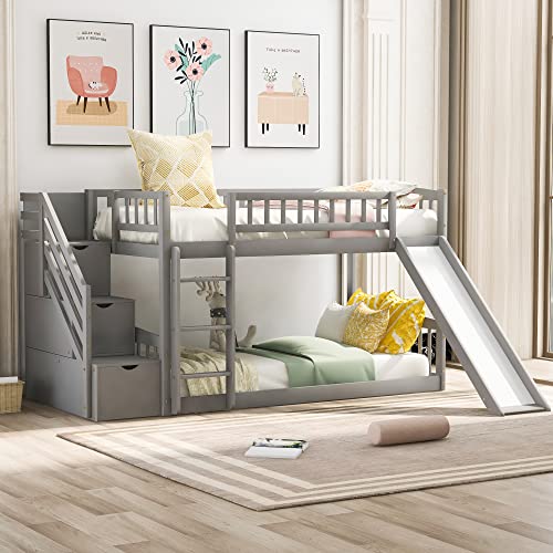 Twin Size Wood Loft Bed with Slide and Storage Shelves C6336