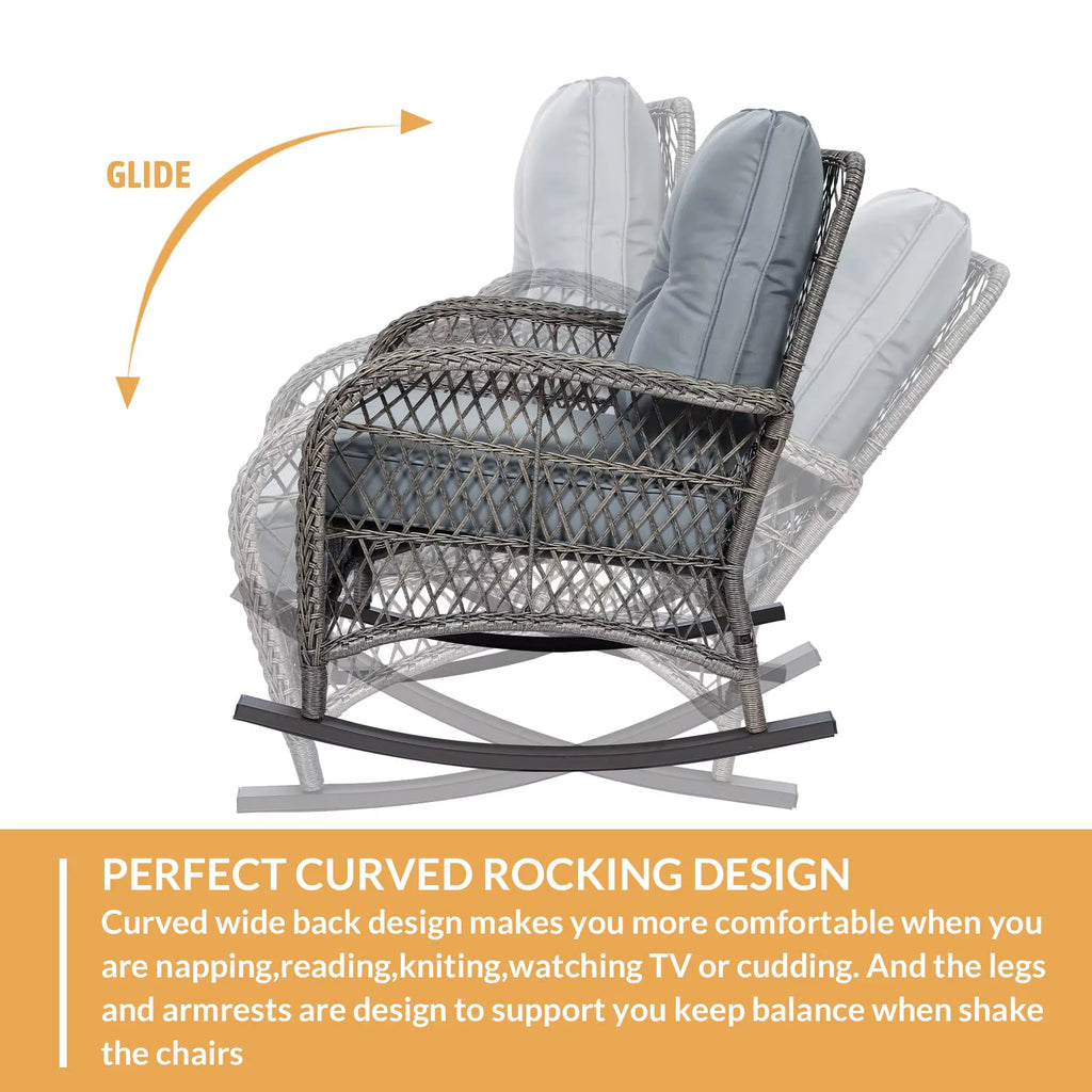 3 Pieces Rattan Patio Rocking Chair Set with Cushions and Glass-Top Coffee Table T14374