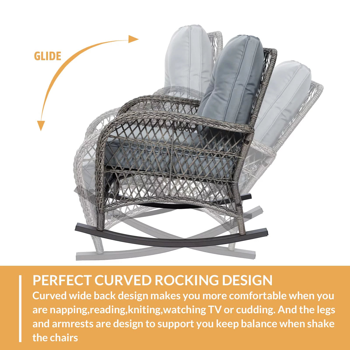 3 Pieces Rattan Patio Rocking Chair Set with Cushions and Glass-Top Coffee Table T14374