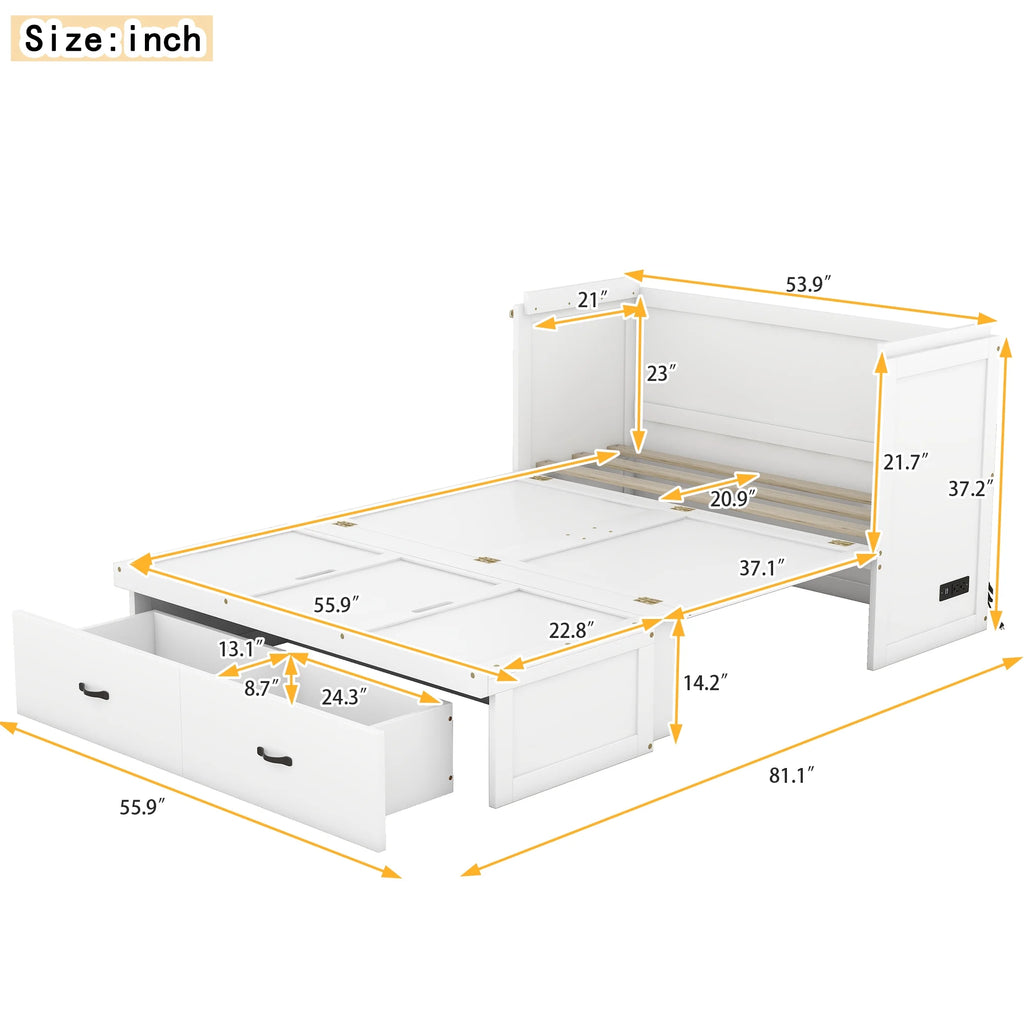 Full Size White Murphy Bed with USB Port and 2 Storage Drawers Z2616