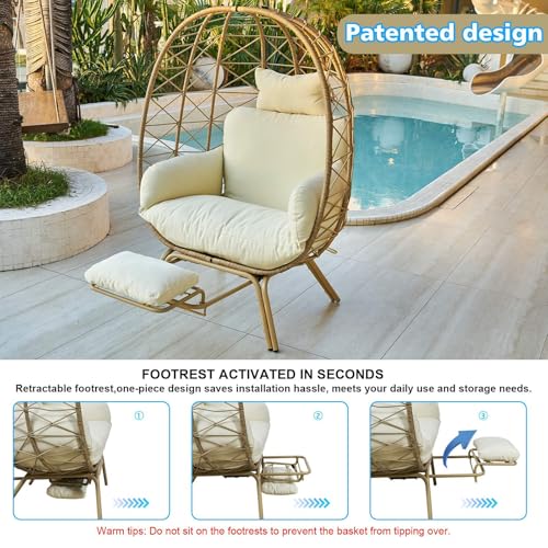 Oversized Beige Wicker Egg Chair with Cushion & Footrest N8200
