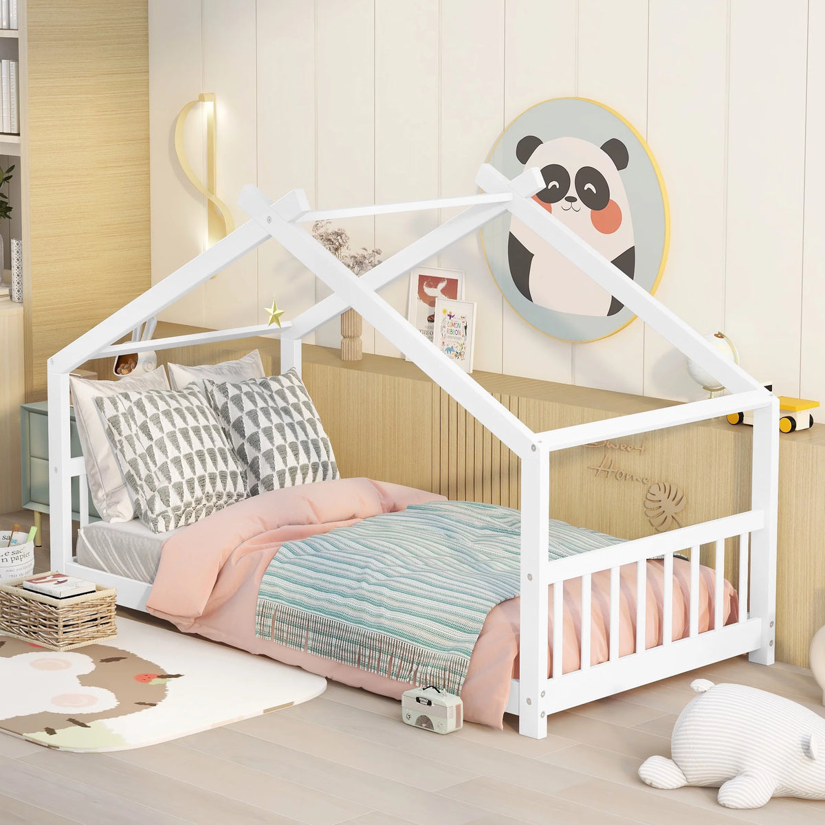 White Twin Size Wood House Bed with Headboard and Footboard Y649351