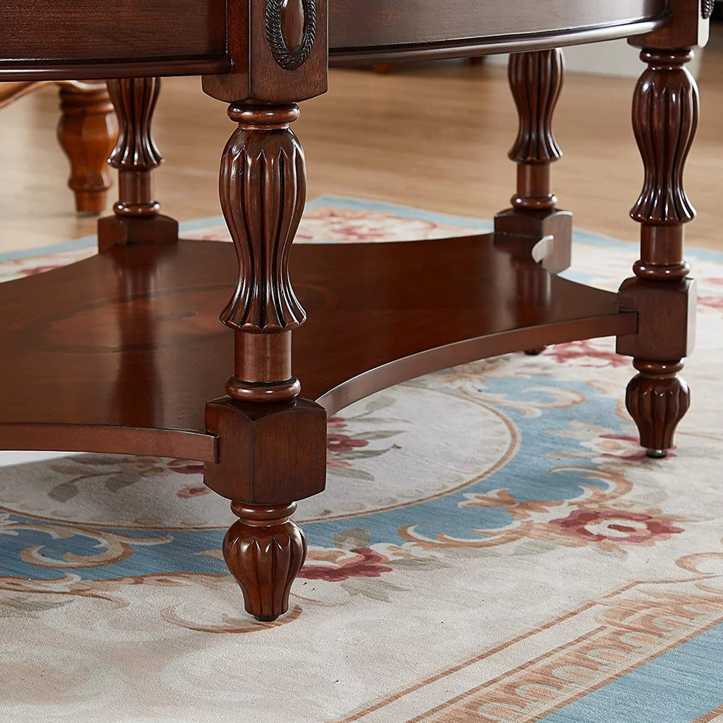 Oval Glass 2-Tier Solid Wood Coffee Table with Storage Shelf D5990