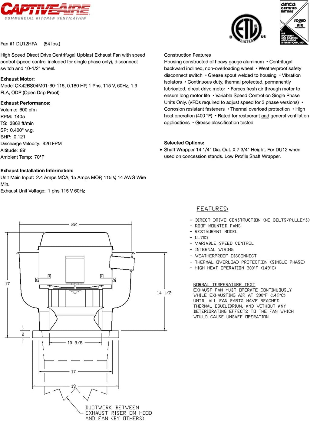 Food Truck Low Profile Exhaust Hood System with Fan and Duct L99754